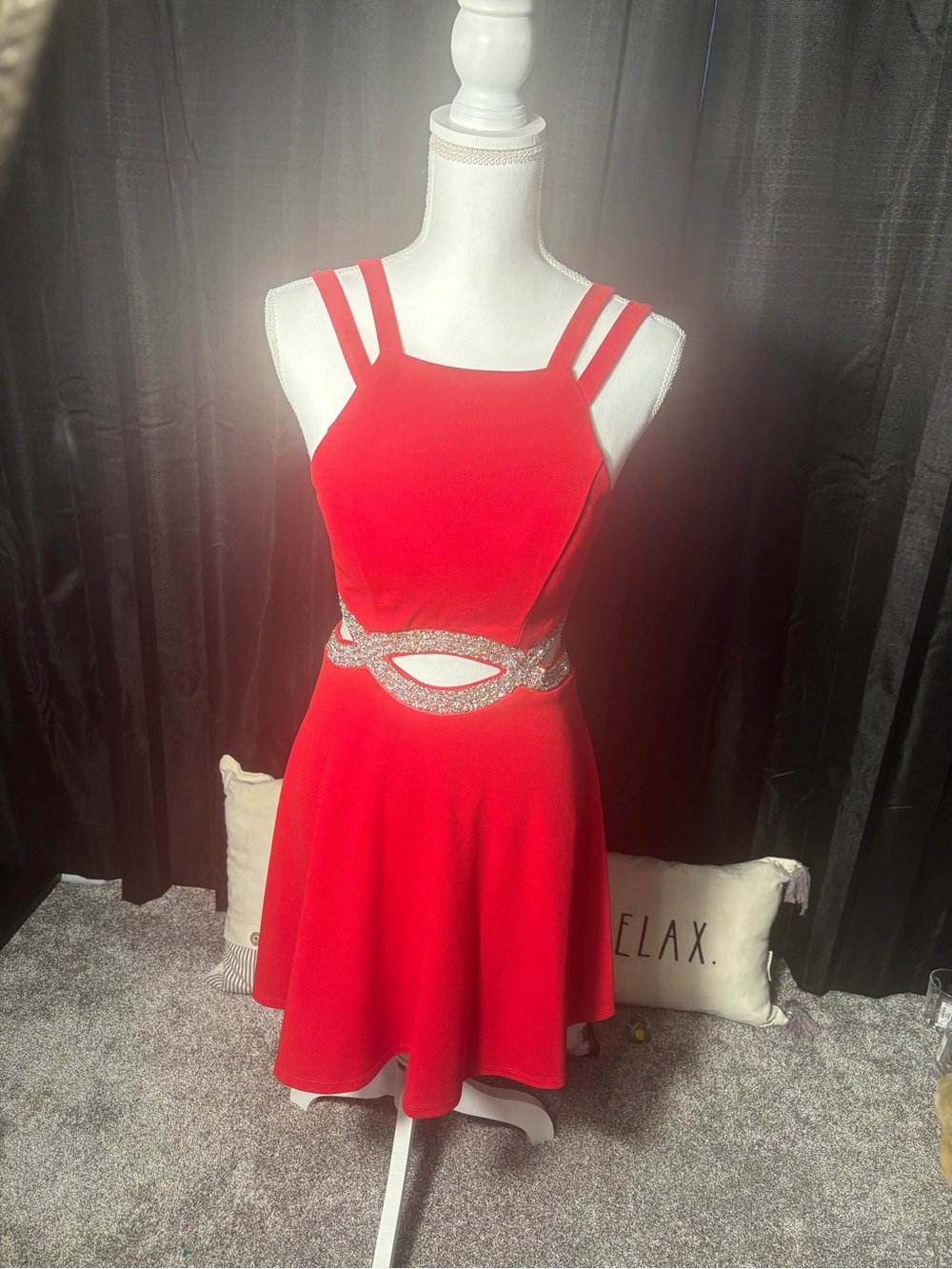 Xtraordinary Red Rhinestone Cutout Fit-and-Flare Mini Dress